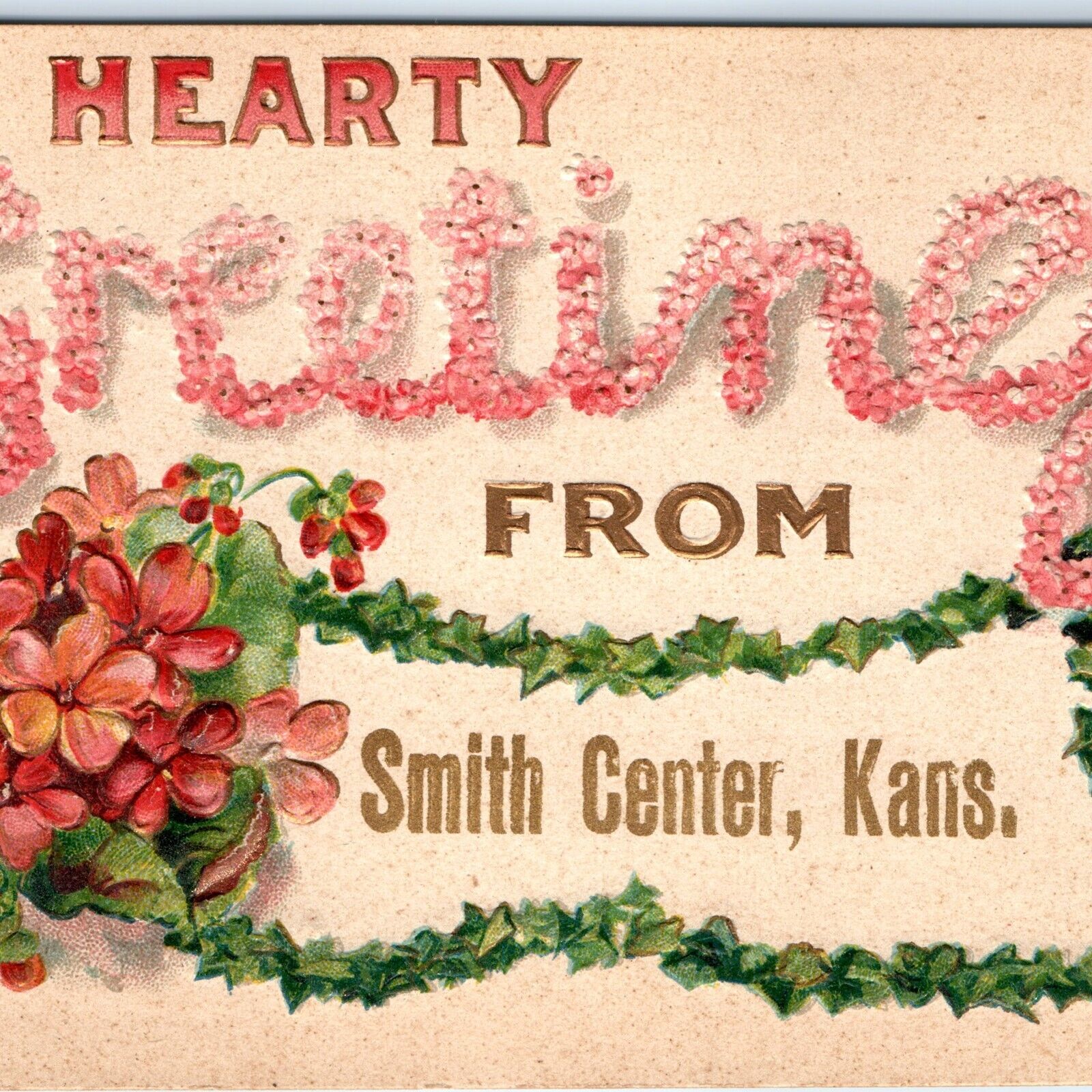 c1910s Smith Center, KS Hearty Greetings Red Lilac Embossed Postcard Kans A116