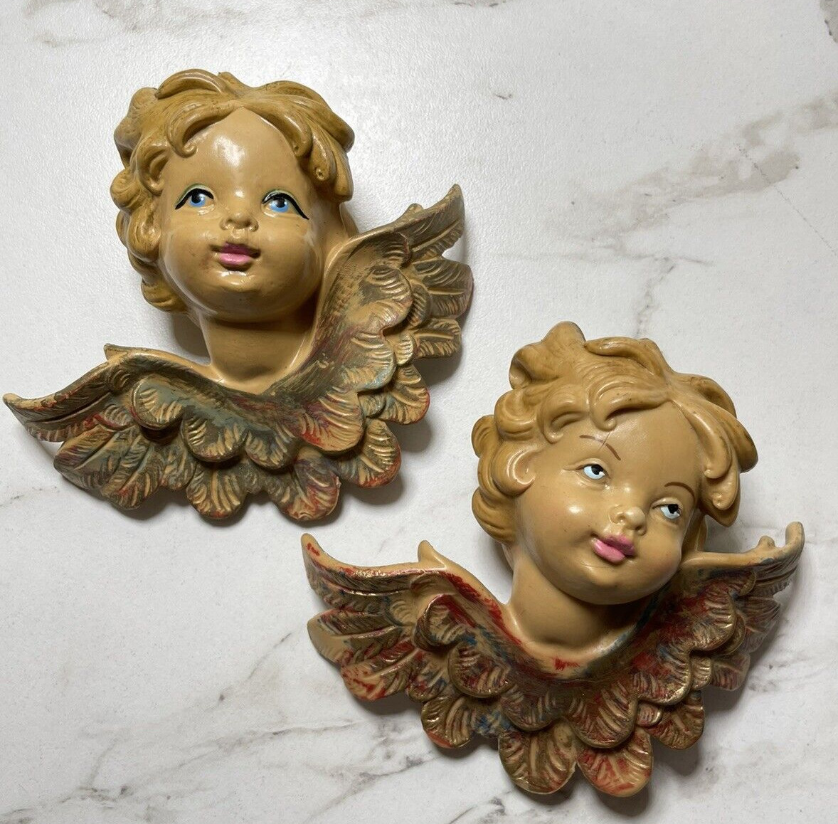 Pr Vintage Resin Winged Cherubs Putti Angel Bust Head Sculpture Wall Decor Italy