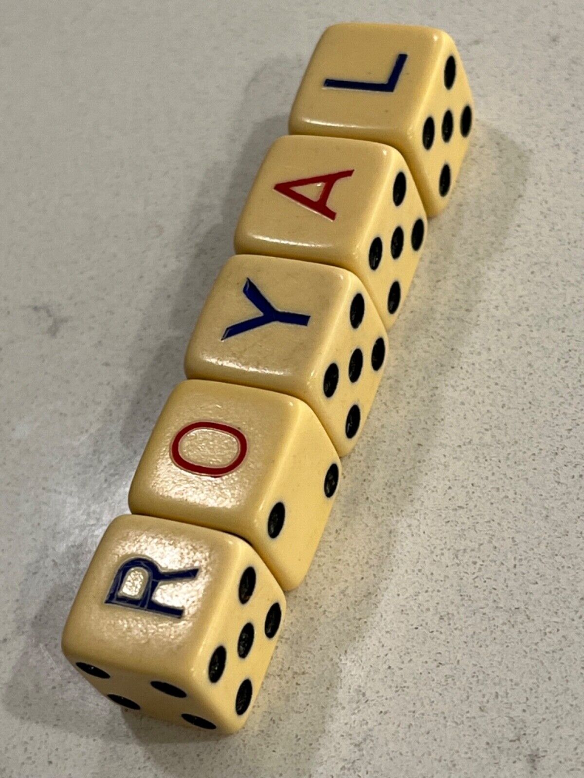 Old ivory celluloid ROYAL color etched pips 5 dice set EUROPEAN 021424@
