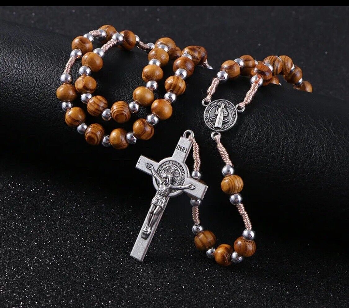 St Saint Benedict Long 28” Weave Rosary Holy Land Wood & Alloy Beads Necklace