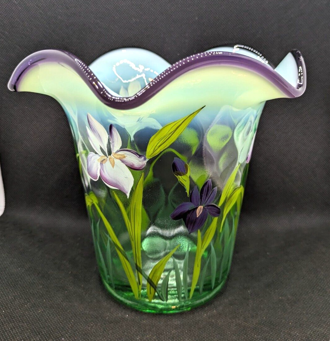 Fenton Designer Showcase Handpainted Vase Green and Purple, J. Powell Signed