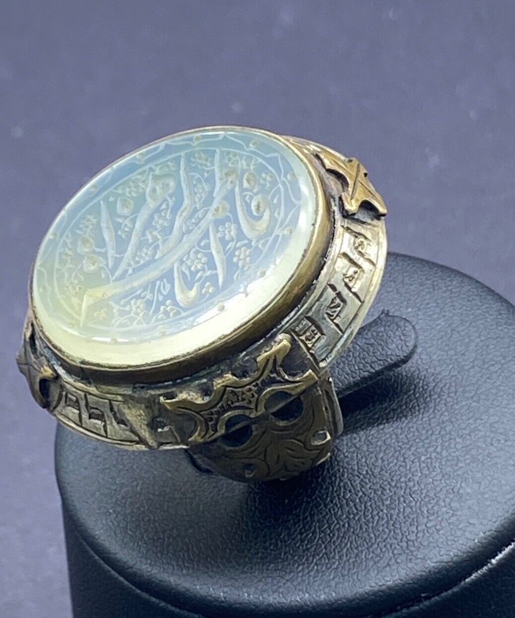 Rare Old Beautiful Natural Agate Stone Islamic Script Engraved Solid Sliver Ring