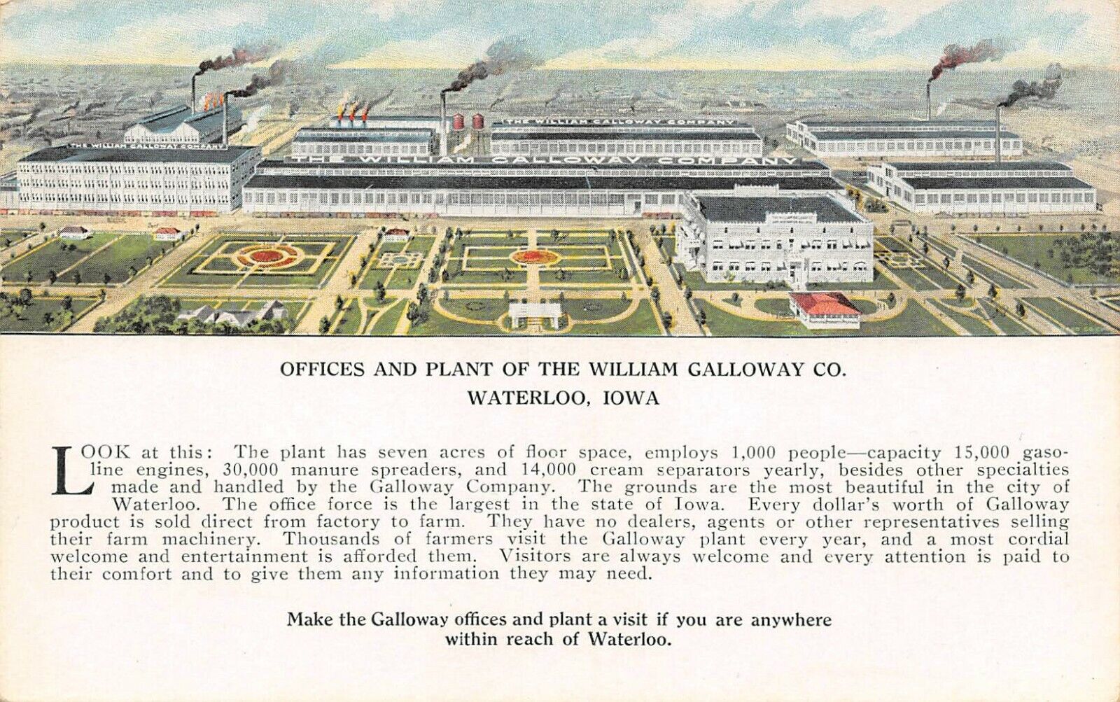 William Galloway CO. Panoramic View Offices & Plant Waterloo, IA 1910\'s Postcard