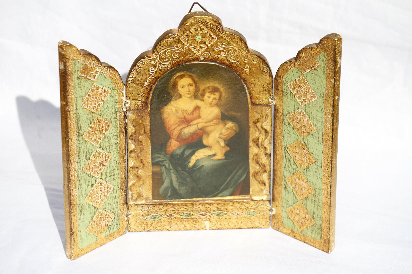Vintage Florentine Icon Gold Gilt Triptych Italy Wood Madonna and Child