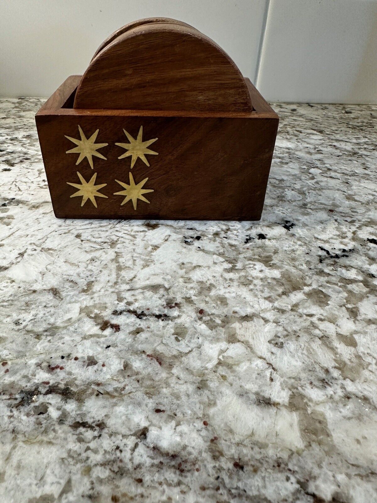 VTG MidCentury Teakwood Coasters With Wooden Case With Starbursts
