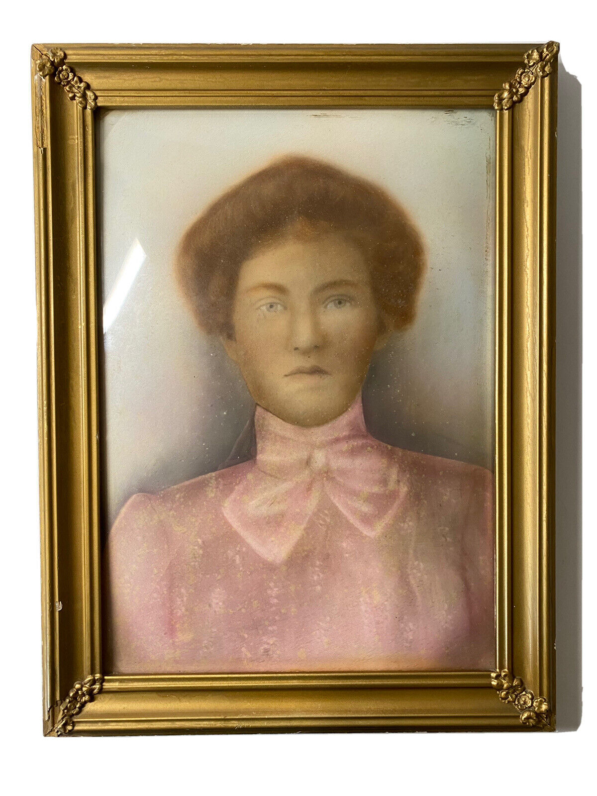 Antique Turn of the century hand tinted Woman’s portrait in convex glass frame