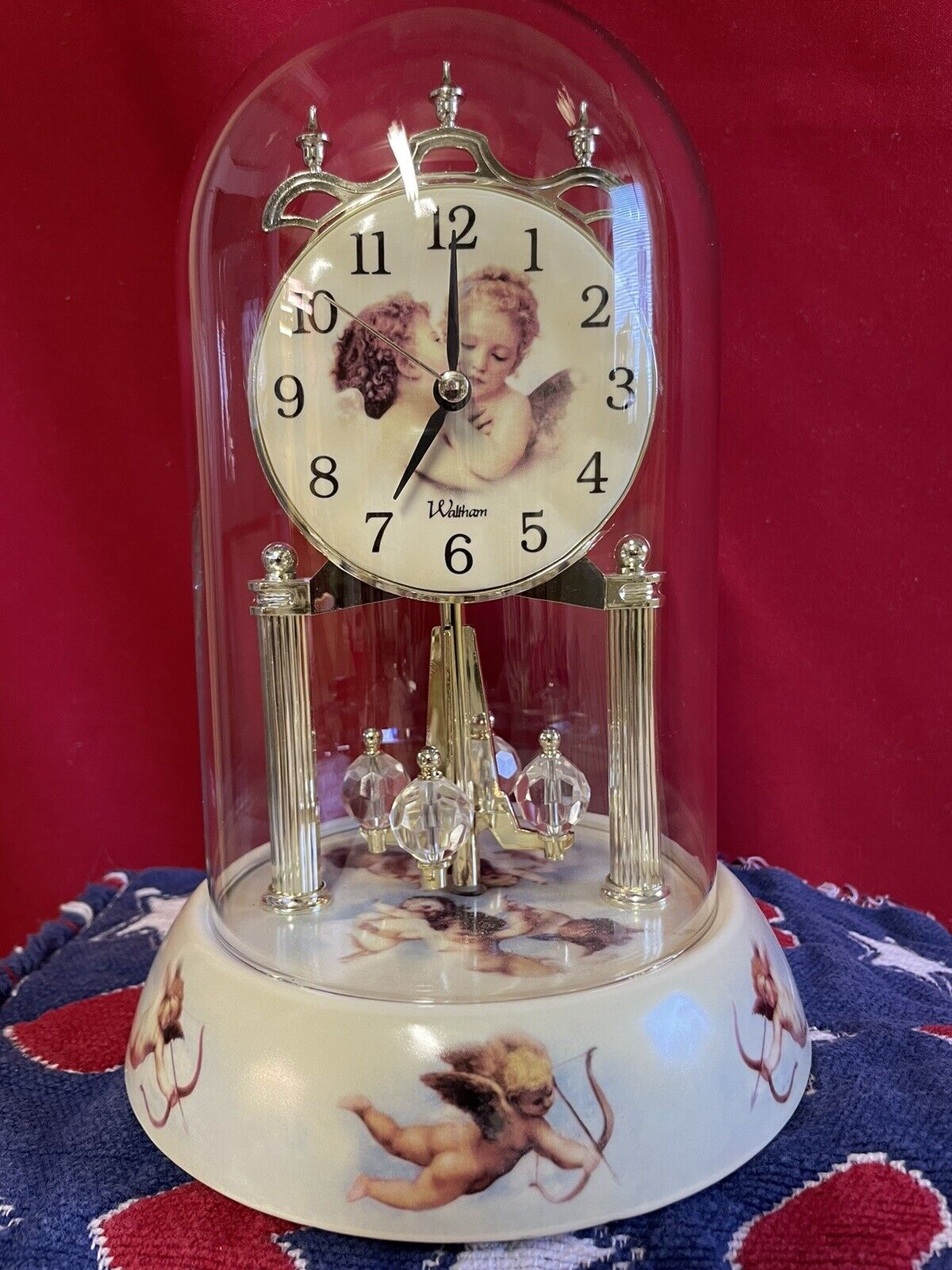 Waltham Glass Dome Anniversary Clock With Cherubs With Chimes 9.5\