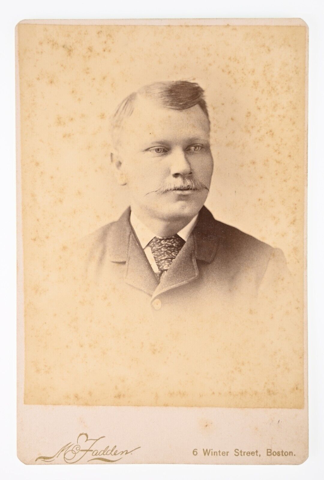 CIRCA 1880s CABINET CARD Mc. FADDEN HANDSOME MAN WITH MUSTACHE BOSTON MASS.