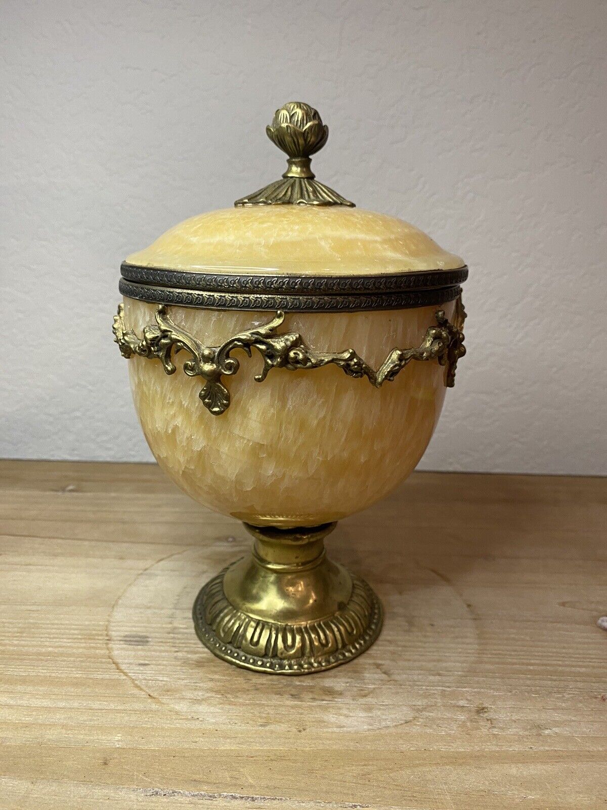 Vtg Brass Footed Solid Marble Jar Centerpiece/Urn