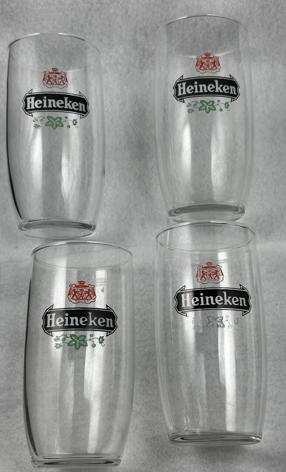 4 FOUR HEINEKEN CLEAR GLASS BEER 12 OZ VINTAGE 1980\'s RED CREST LOGO PILSNER ADV