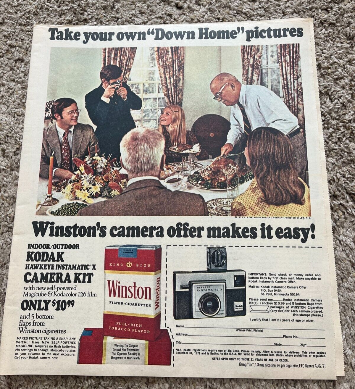 1971 Winston Cigarettes Kodak Instamatic Newspaper Print Ad