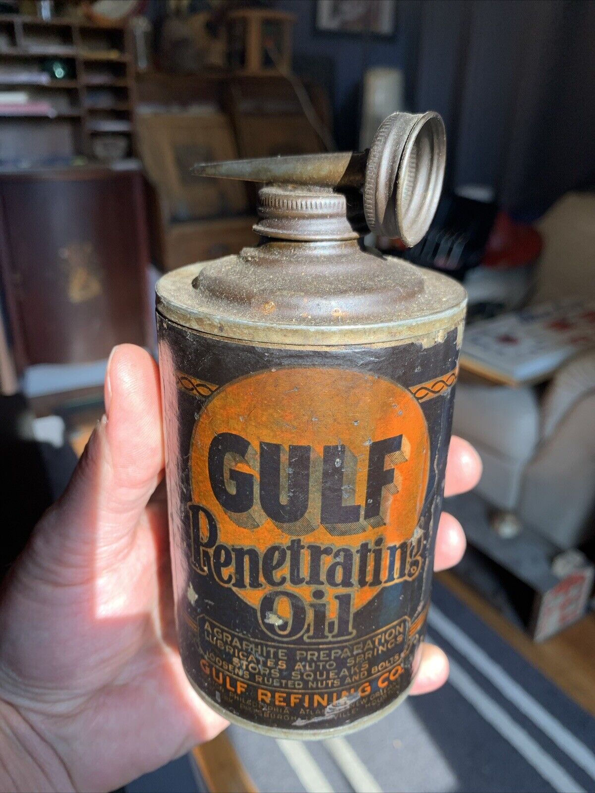 Antique Original Paper Label Gulf Oil Pricer Penetrating Oil Spout Oiler Can Tin