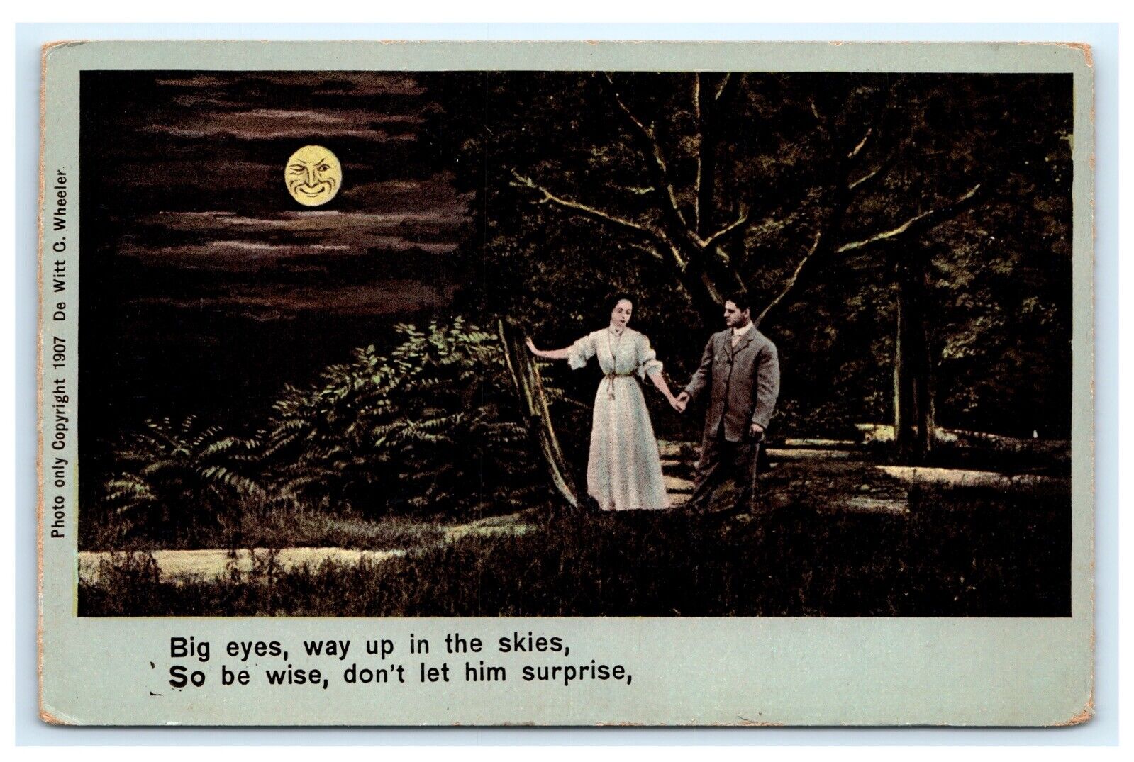 Anthropomorphic Smiling Winking Moon Romance Postcard DeWitt Wheeler F4