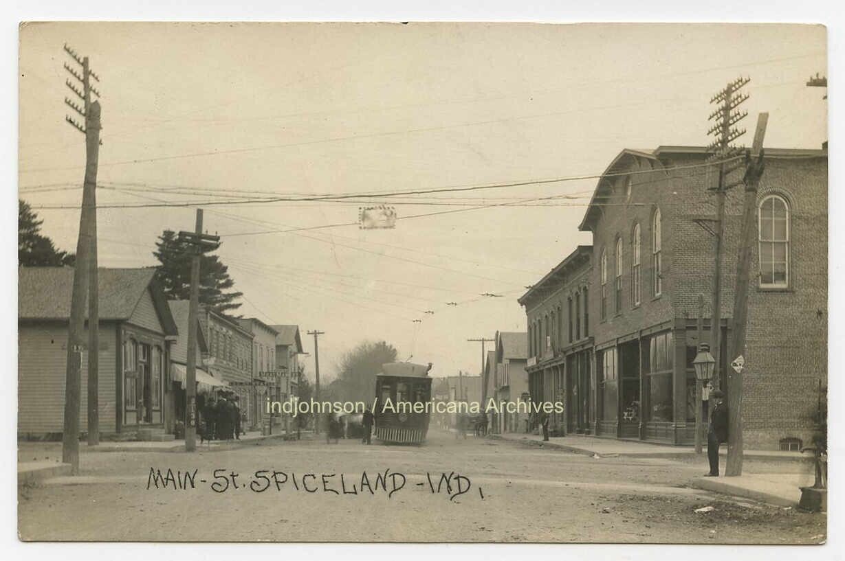 SPICELAND, Ind. ~ Main Street, interurban  ~ c. 1910 RPPC postcard, Indiana