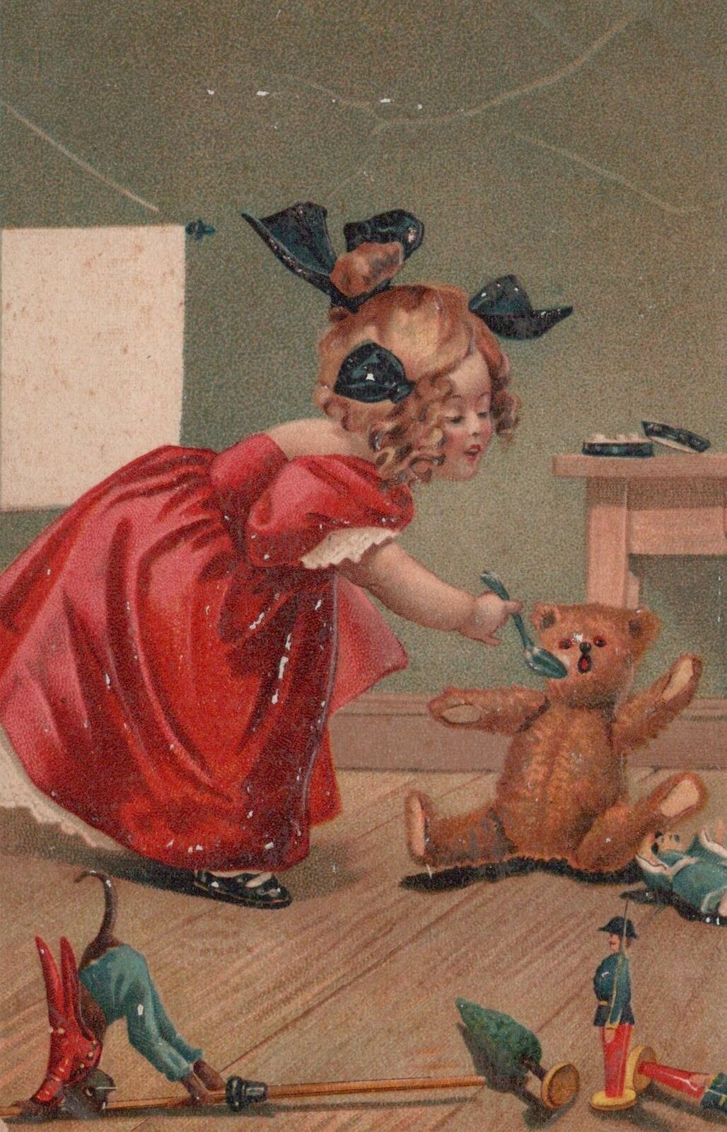 Postcard Little Girl Feeding her Teddy Bear c. 1900s 