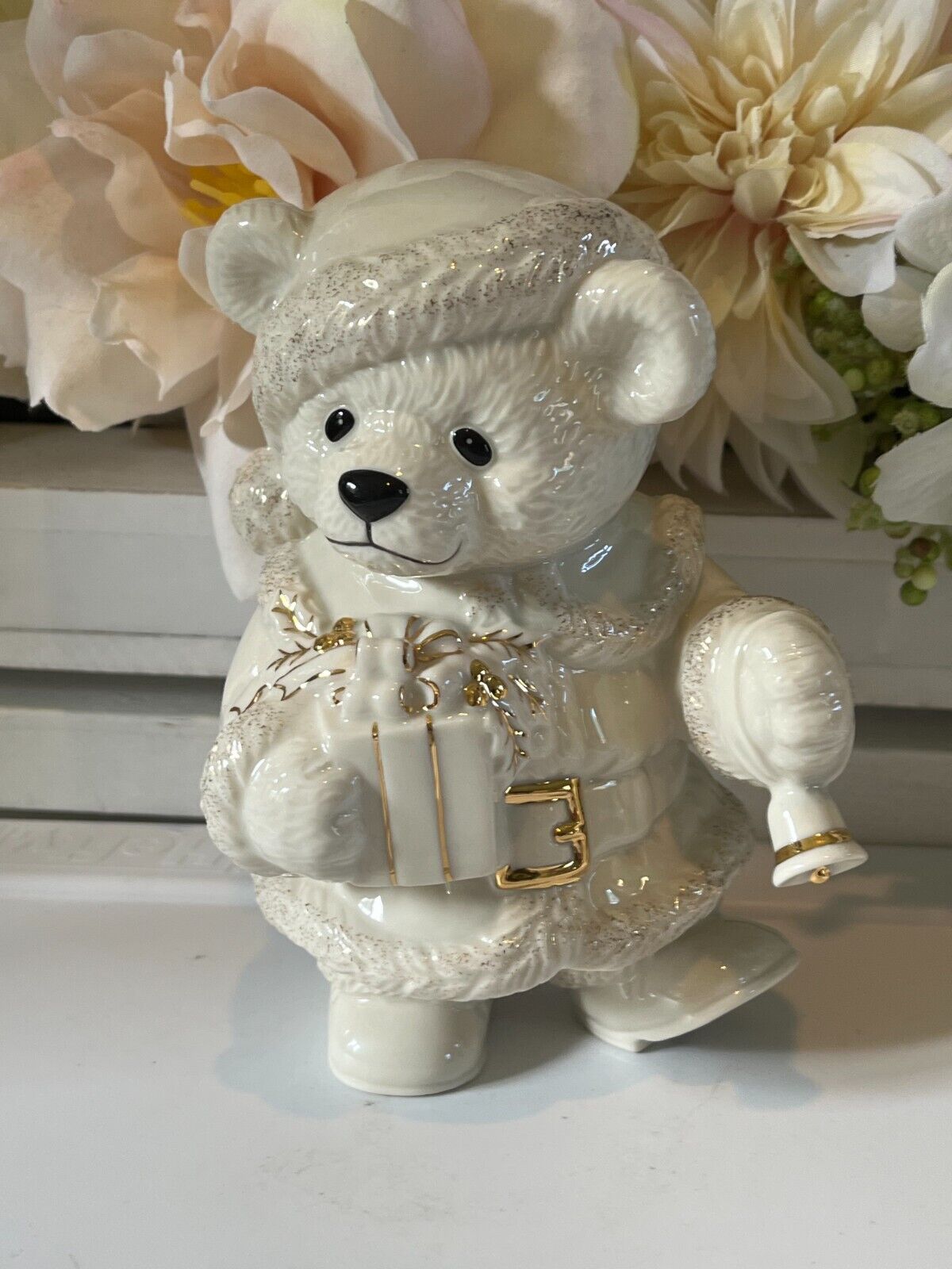 Lenox Teddy\'s Christmas Revelry Figurine, Teddy Bear Santa, Ivory Gold Porcelain