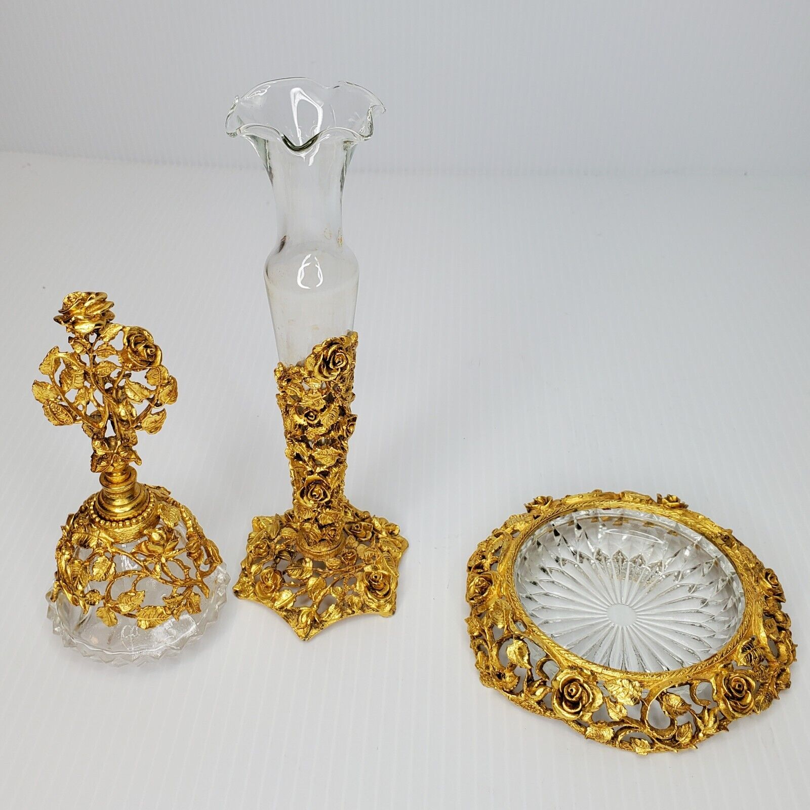 Vtg Matson Perfume Bottle Jewelry Dish Vase Gold Vanity Set Hollywood Regency