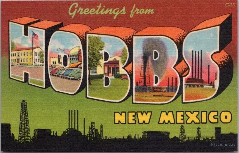 Vintage 1941 HOBBS, New Mexico Large Letter Postcard Oilfield Silhouette / Linen