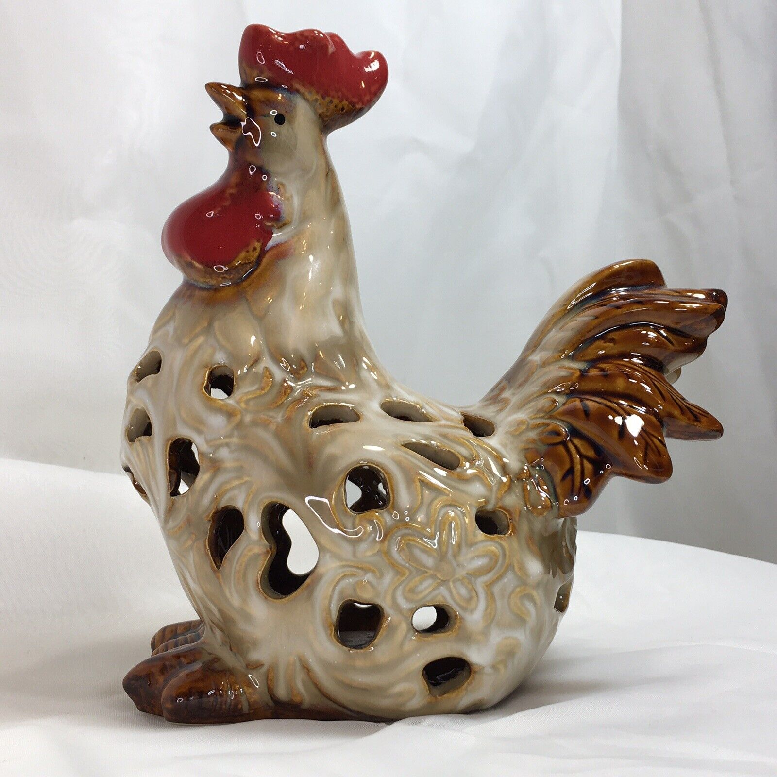 7.5” Pierced Rooster, Chicken Bird Figurine, Glazed Ceramic, Collectible ❤️