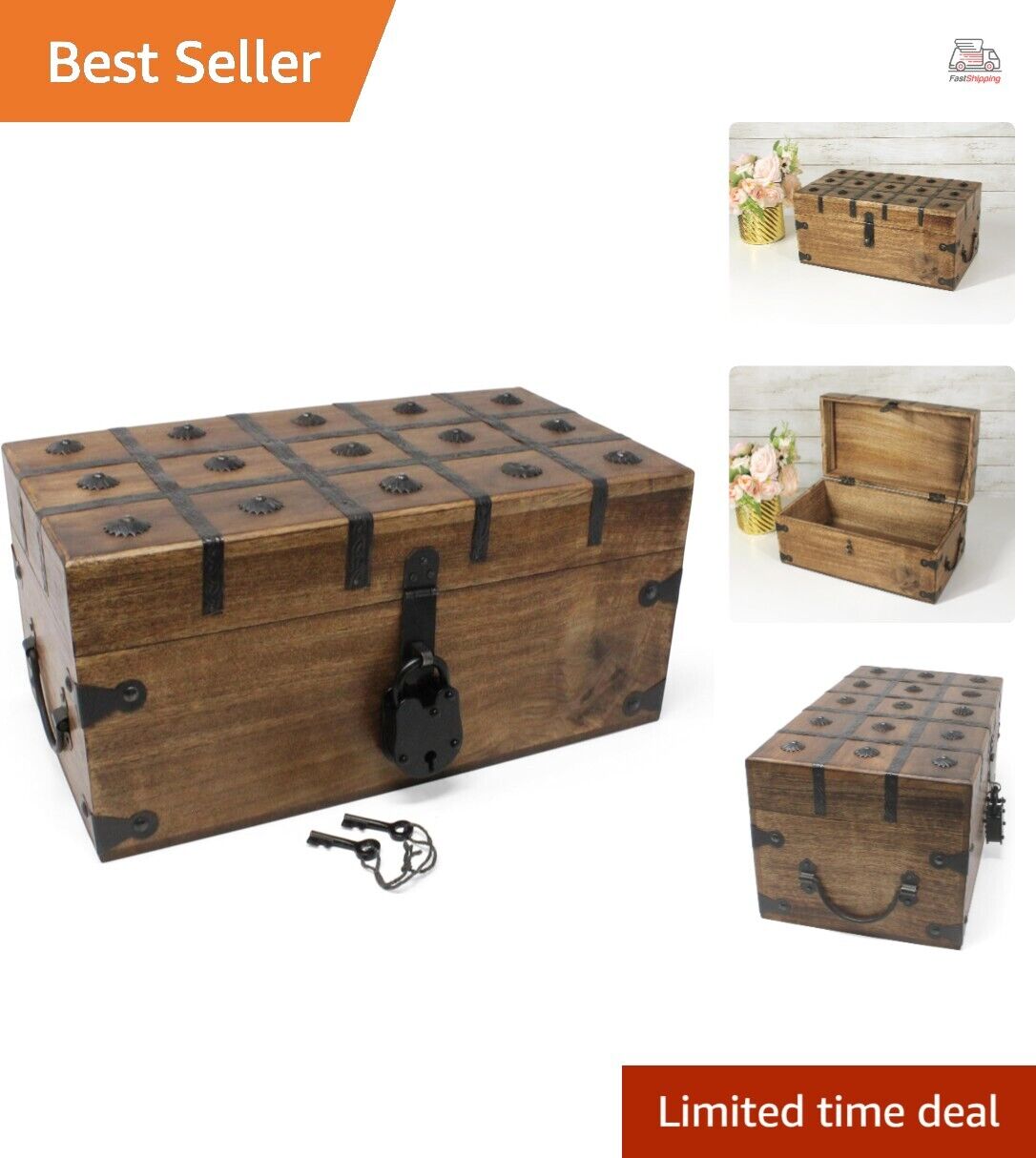 Wooden Treasure Chest Box with Antique Iron Lock & Skeleton Key - Large 14.5 ...