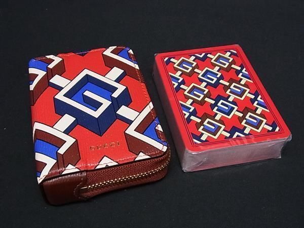 Gucci Playing Card and Case Set Geometric G Motif Leather Pouch 662294 Red Tone