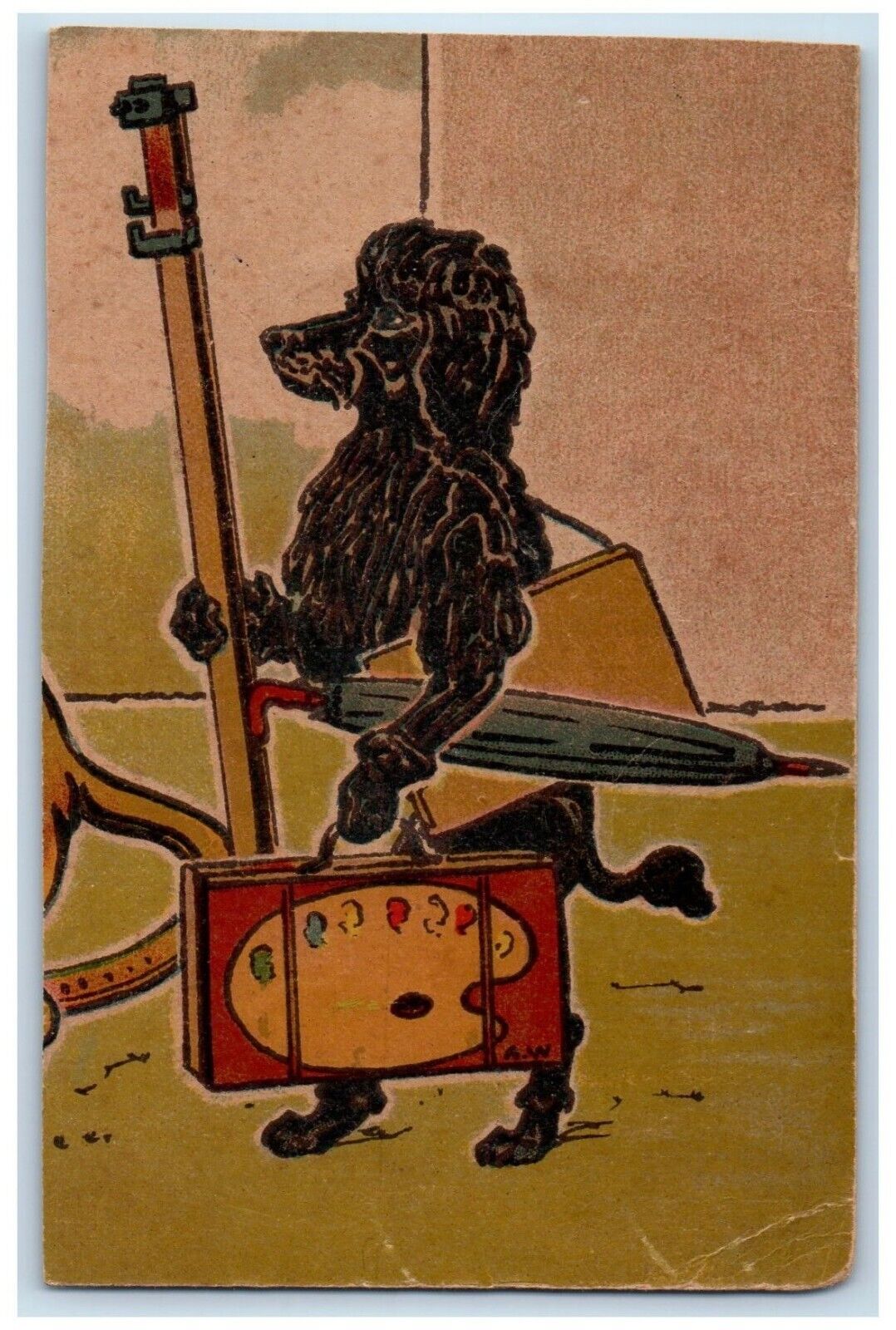 c1905 Anthropomorphic Dog With Paint Box Umbrella Unposted Antique Postcard