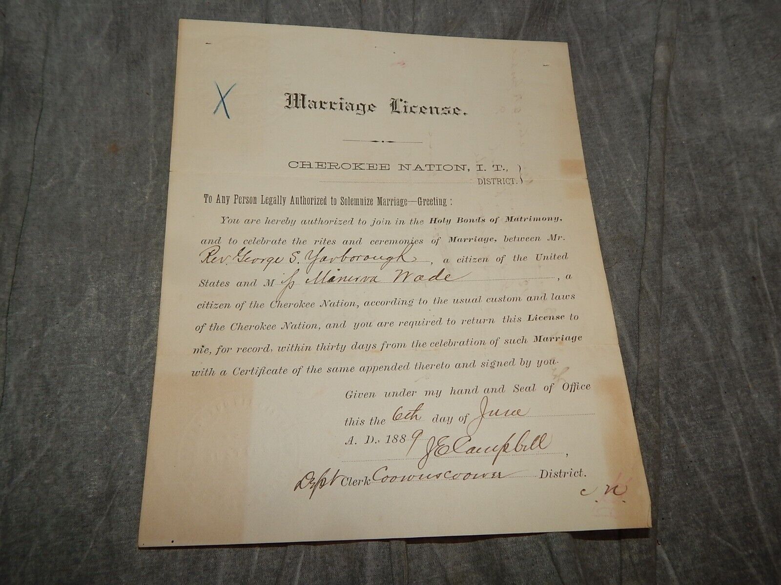 Original 1889 Cherokee Nation Marriage License
