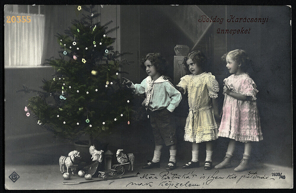 hand tinted PC Photograph, Christmas greetings, toy horses, 1911 Hungary
