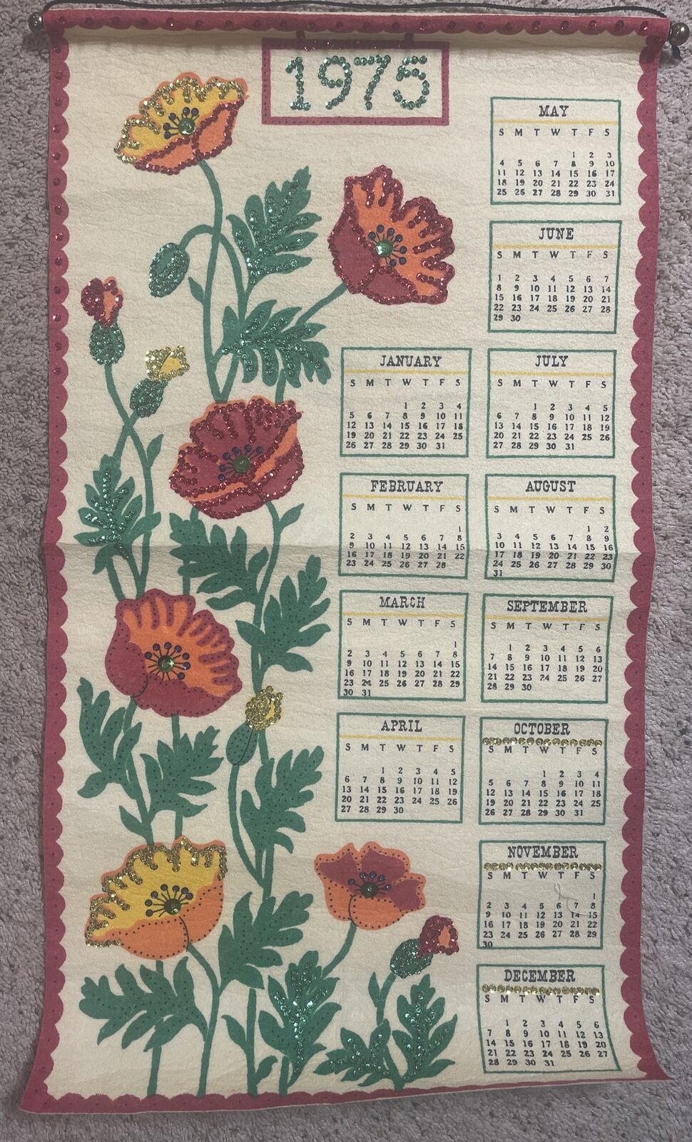1975 Vintage Retro Felt Sequin Flowers Calendar Multi Colored Hangable