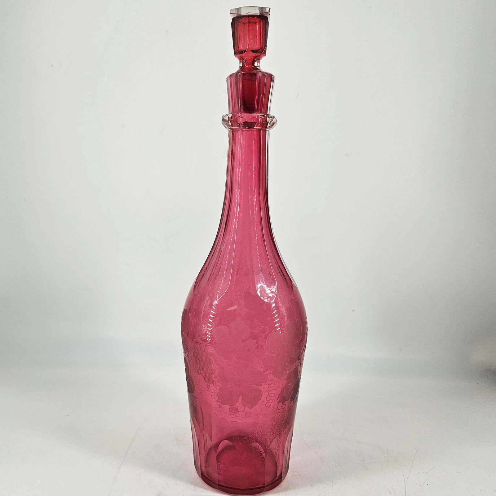 Vintage Bohemian cranberry pink etched Glass Decanter w stopper