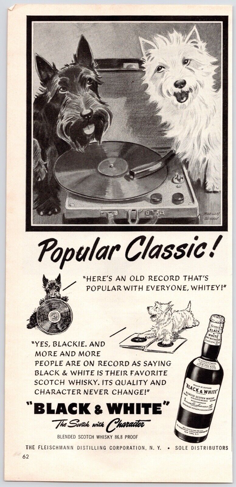 1950s~Black & White~Scotch Whisky~Scotties~Dogs~Playing Records~Vintage Print Ad