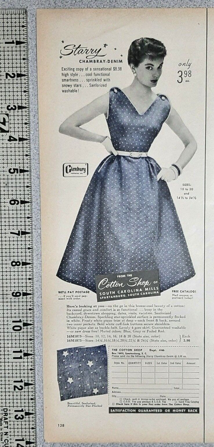 1954 Cotton Shop Vintage Print Ad Starry Chambray Denim Dress Spartanburg SC