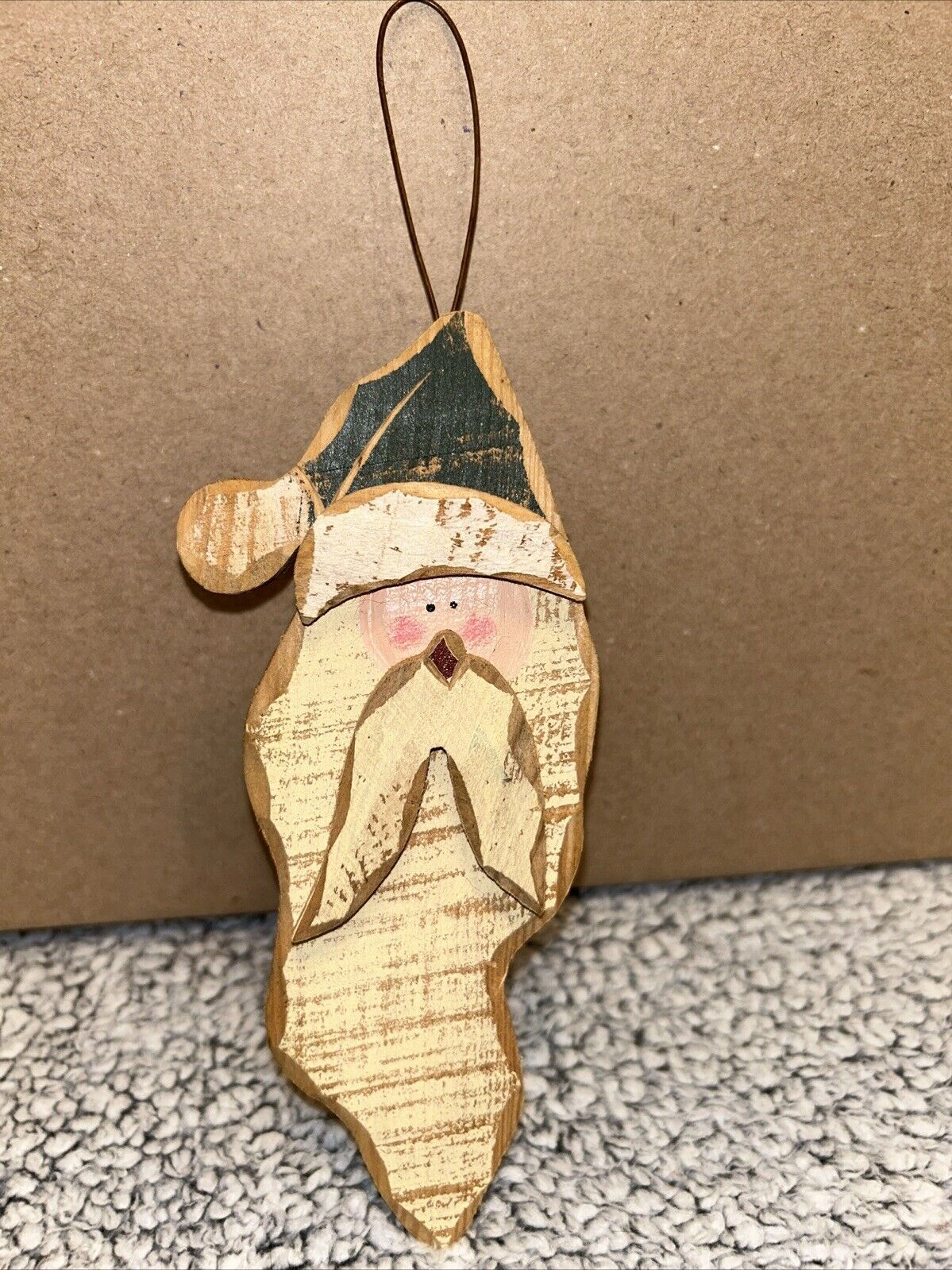 Hand Carved Hand Painted Wooden Santa Ornament 