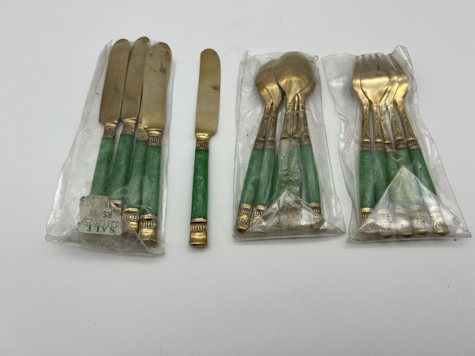VNT Brass with Green Stone Like Handles Flatware Service Set for 5 Thailand