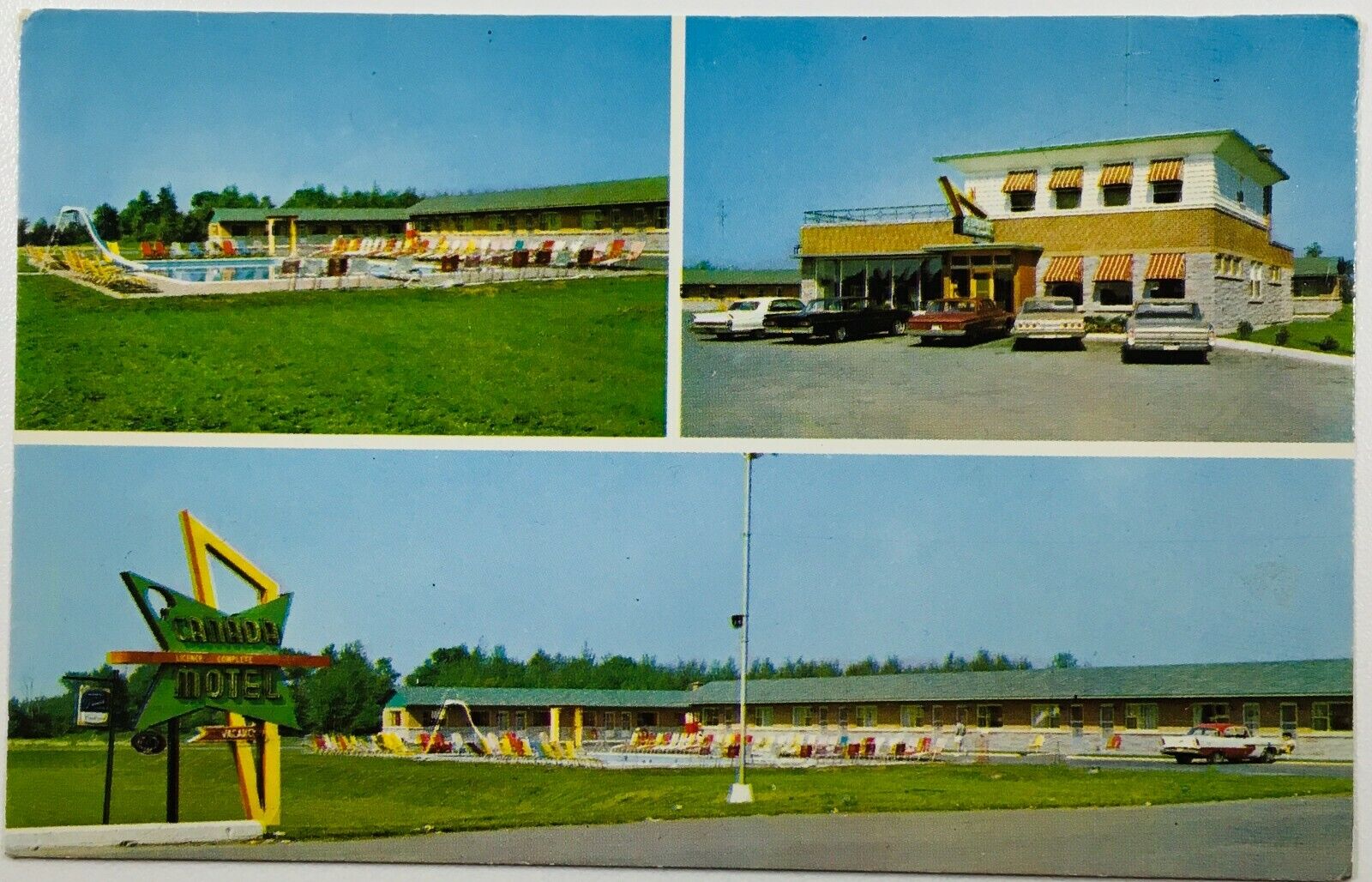 Canada Motel Postcard Vintage Cars Pool Berthierville, Quebec 