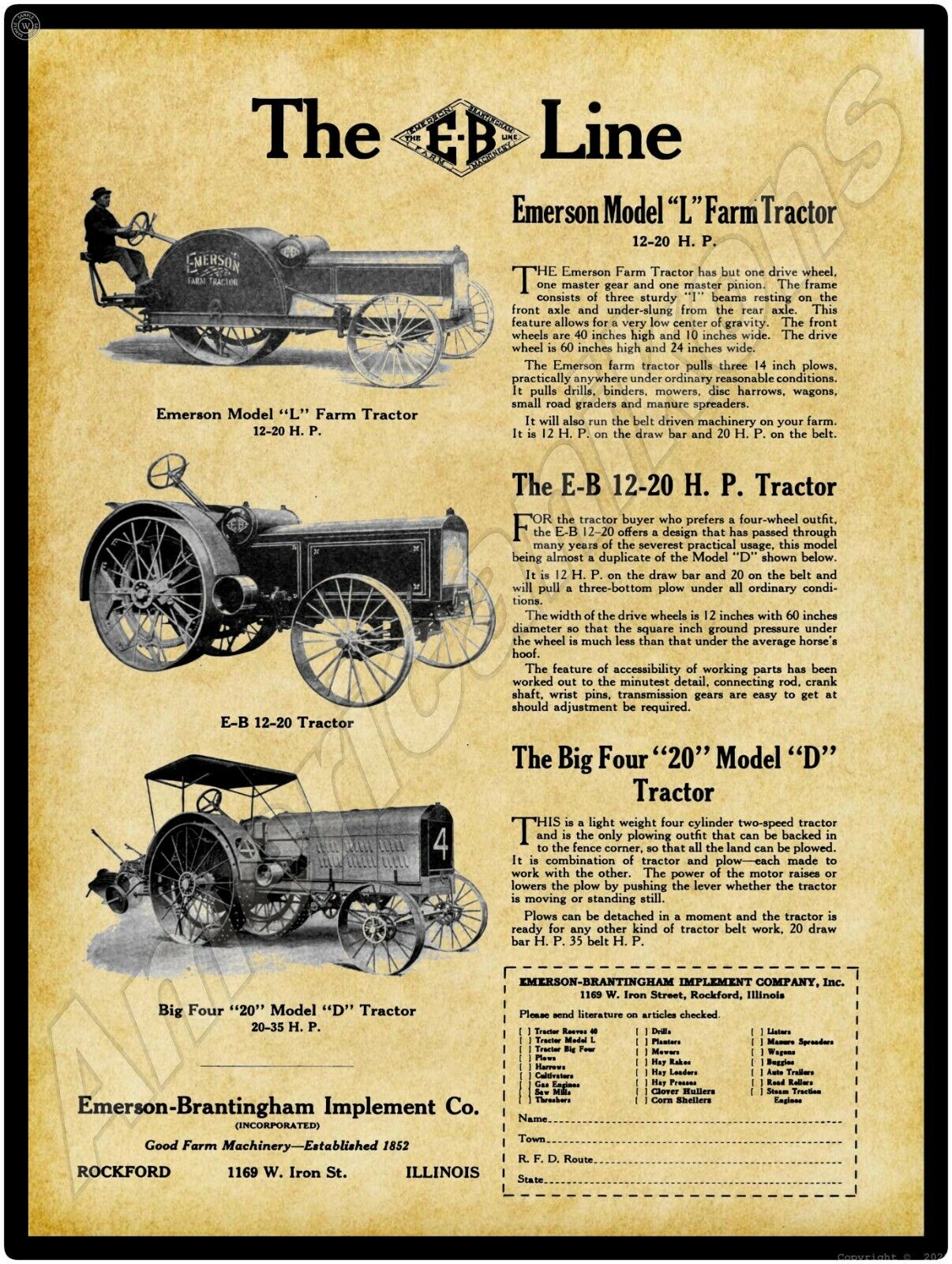 1916 Emerson Brantingham Tractors New Metal Sign: Rockford, Illinois  12-20