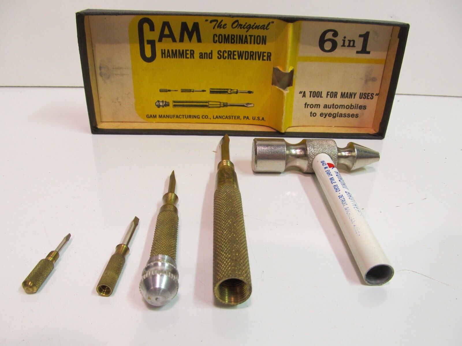 Vintage GAM Mfg Co Nesting Hammer & Screwdrivers Set with Detroit MI advertising