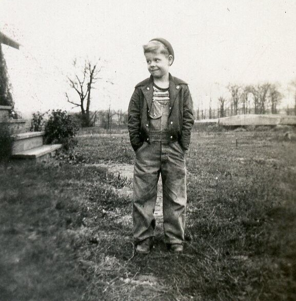 Q758 Original Vintage Photo BOY IN DUNGAREES & CAP c 1930\'s 40\'s