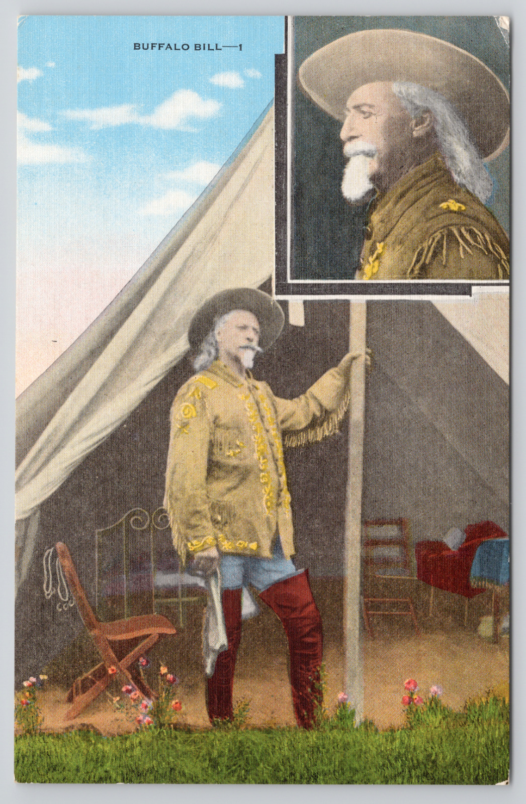 Colonel William Buffalo Bill Cody Holding Tent Western Linen Postcard