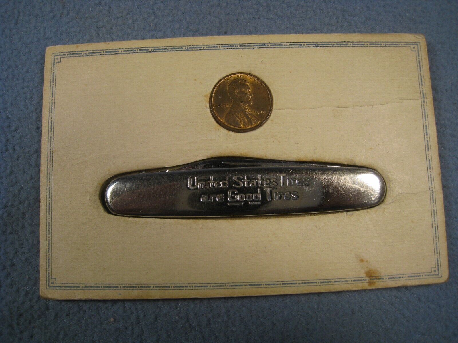 Rare Old United States Tires Valley Forge 2 Blade Knife on Card with 1919 Penny