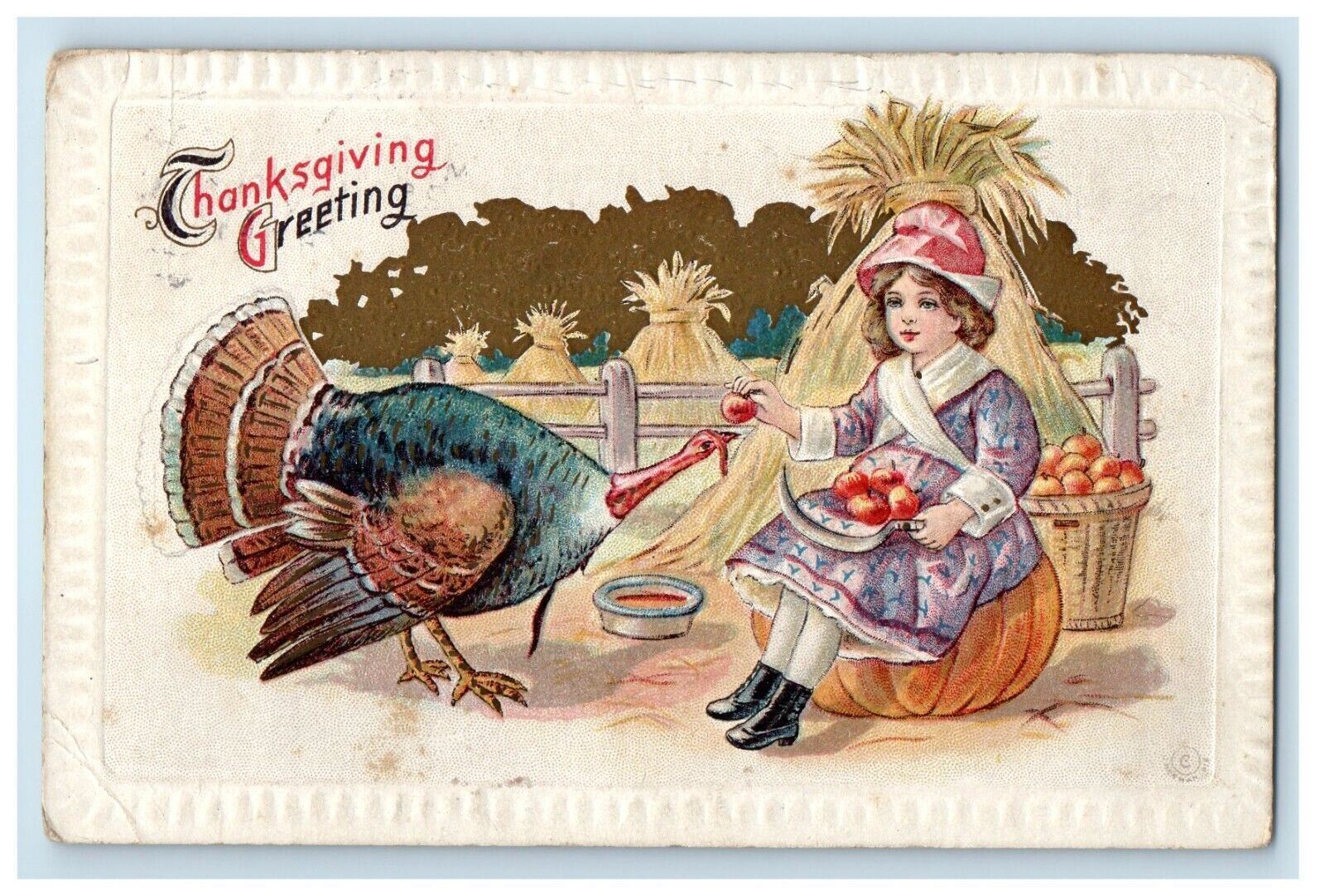 1913 Thanksgiving Greetings Girl Feed Turkey Fruits Basket Camp Hill PA Postcard