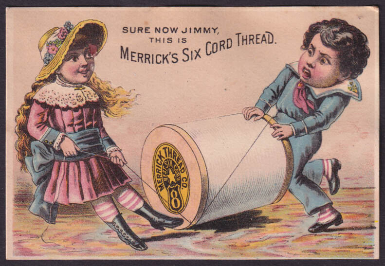 Merrick\'s Six Cord Thread trade card 1880s girl pulls Jimmy\'s tooth out