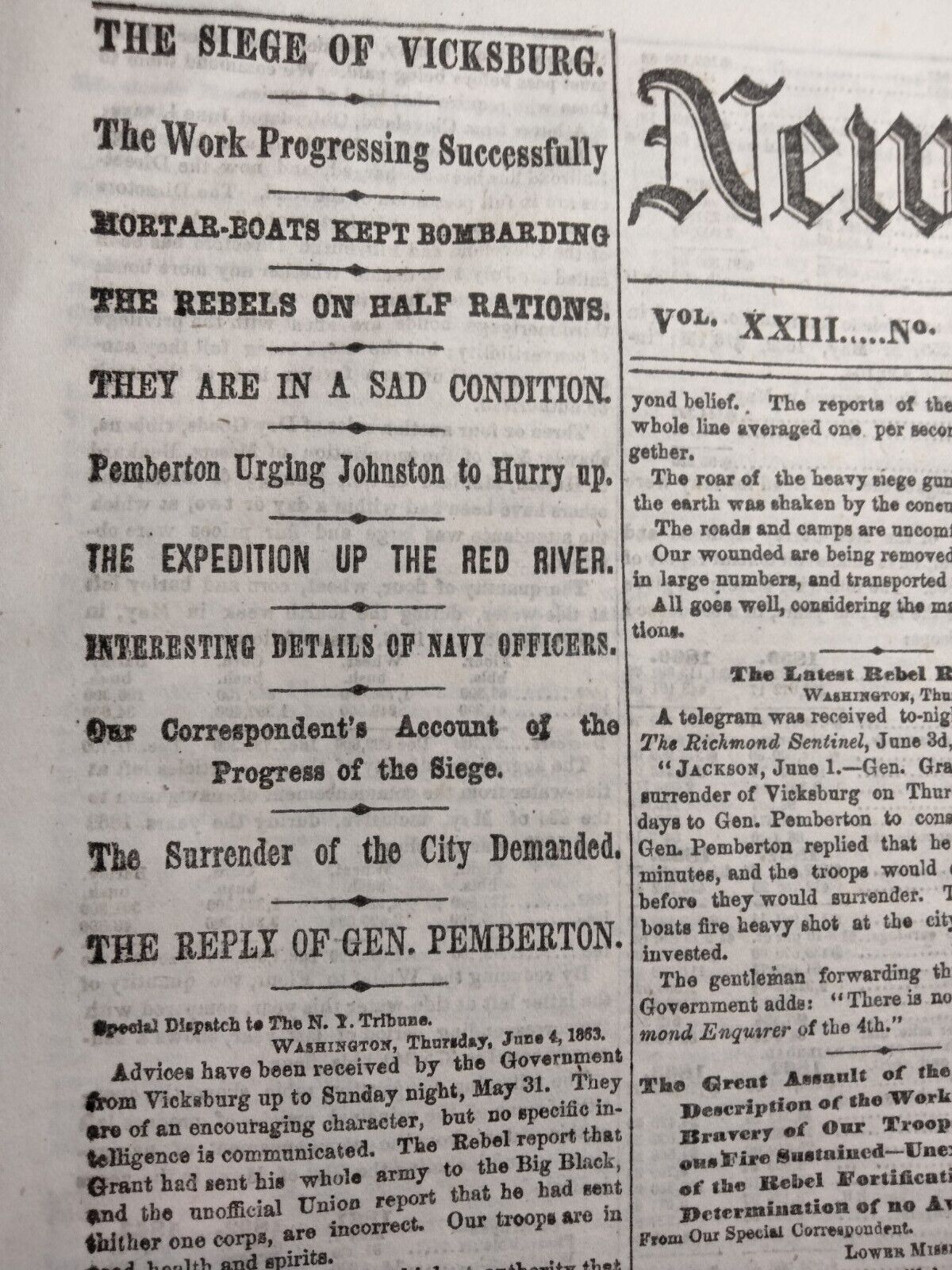 Civil War Newspapers-  THE SIEGE OF VICKSBURG:  SURRENDER OF THE CITY DEMANDED