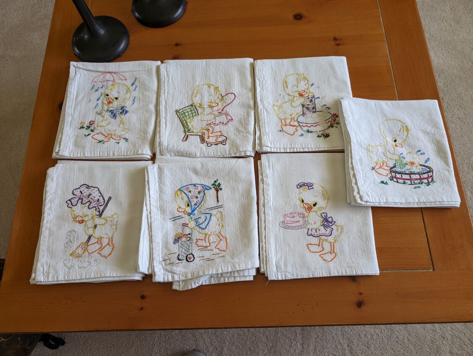 Handmade Embroidered Duck Dishtowels Days of Week Set of 7 Large