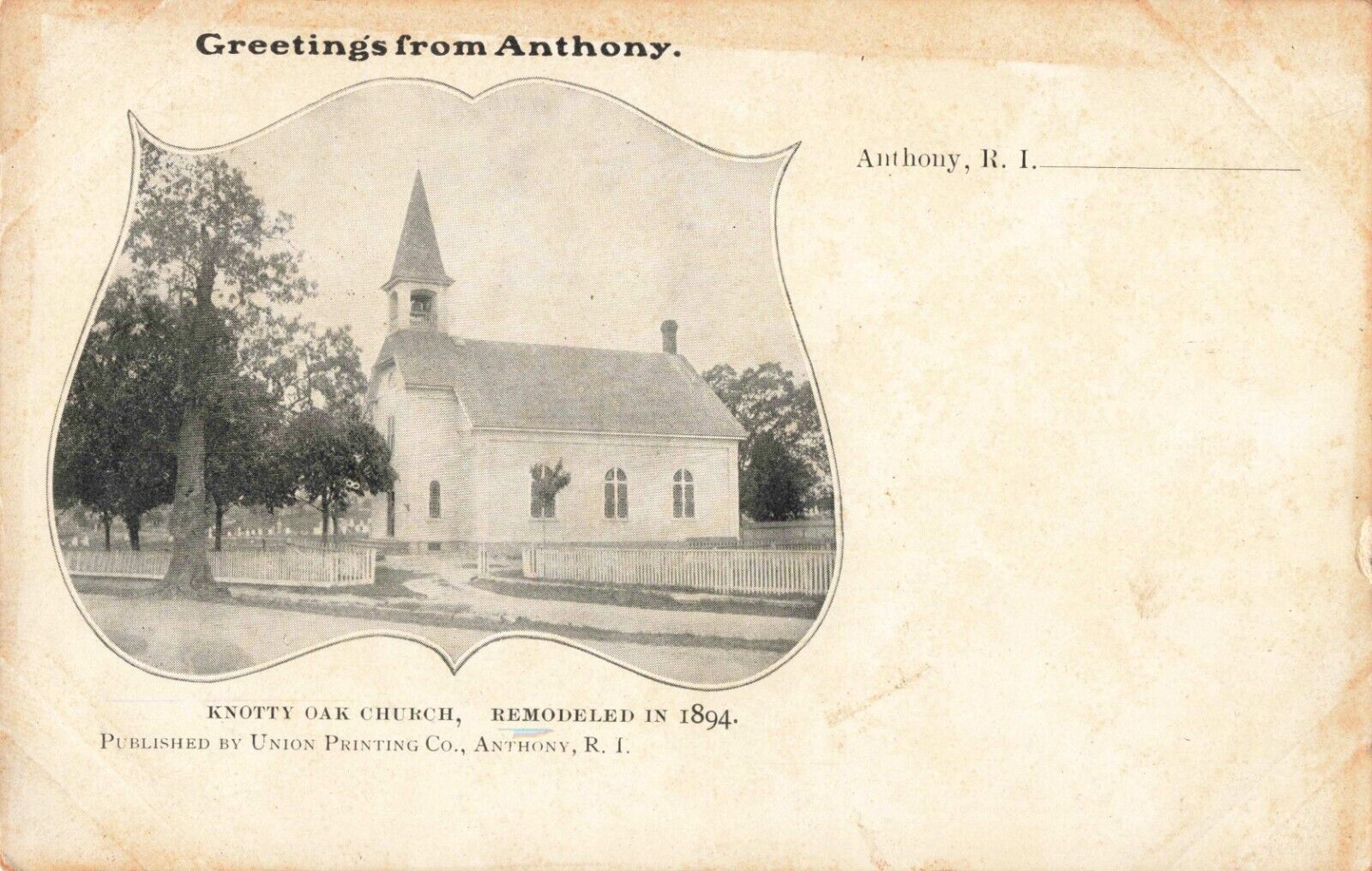Knotty Oak Church Anthony Rhode Island RI c1905 Postcard