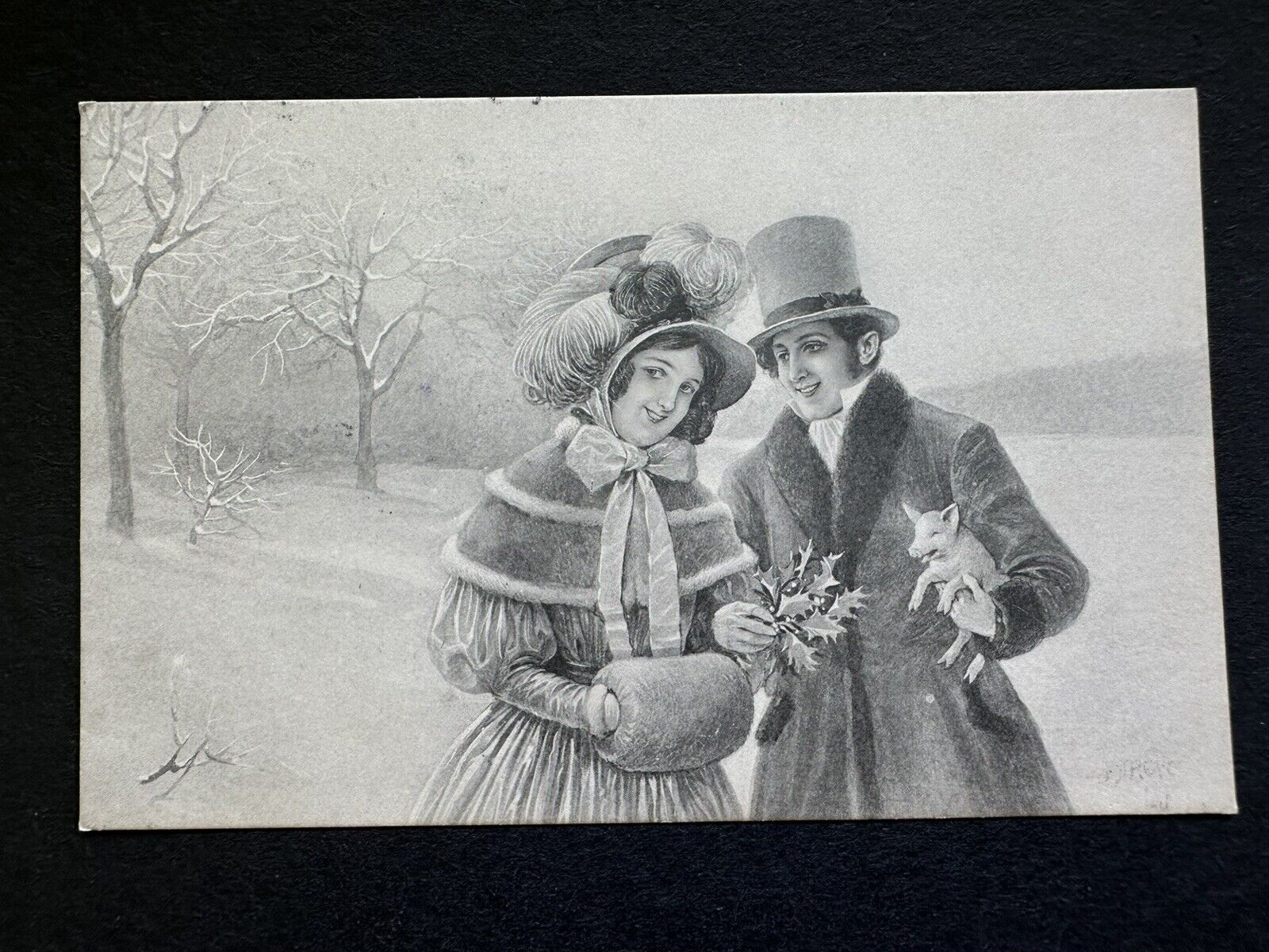 V. K. VIENNE Vintage Postcard Christmas Snow Scene Pig R46