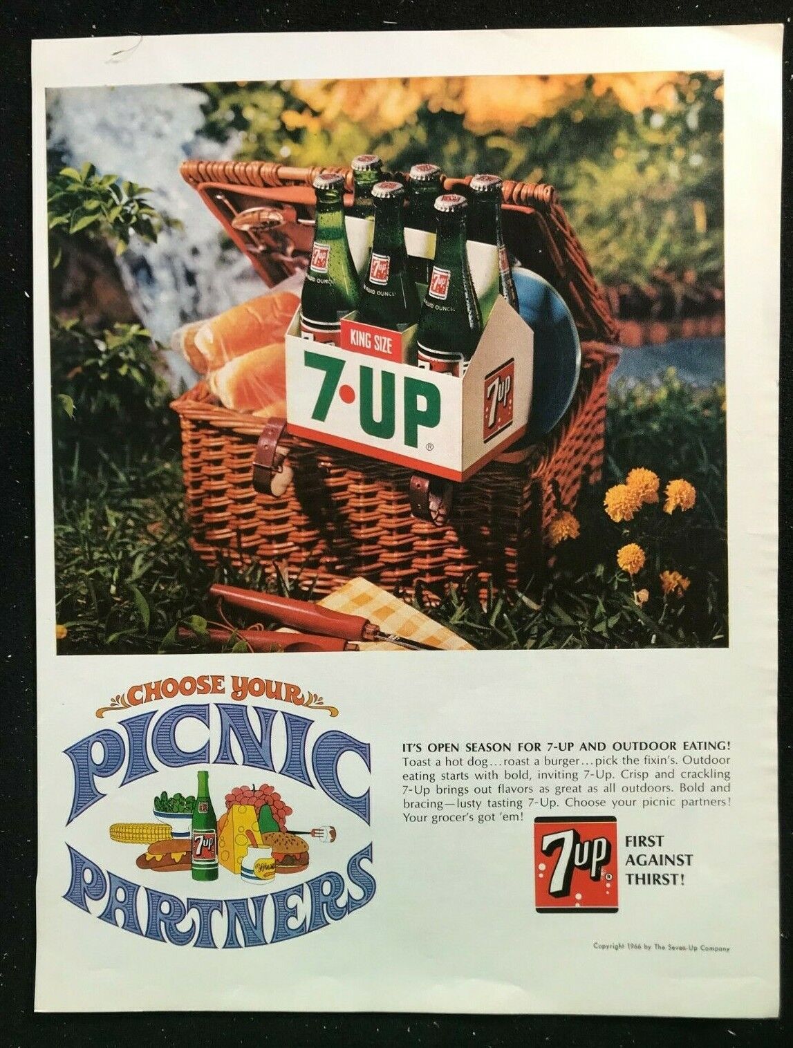 7 UP COLOR PRINT AD - Choose Your Picnic Partners - 1966 - 10.5 x 13.5 