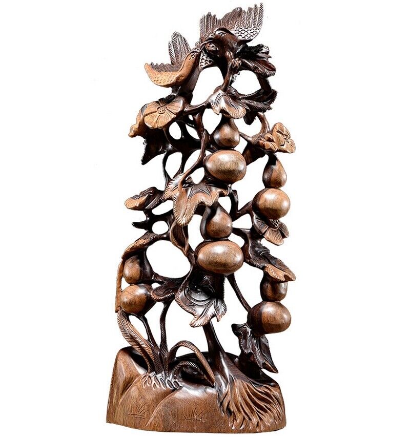 Natural Ebony Wood Carved Wine Gourd Bird Statue Feng Shui Calabash Decor