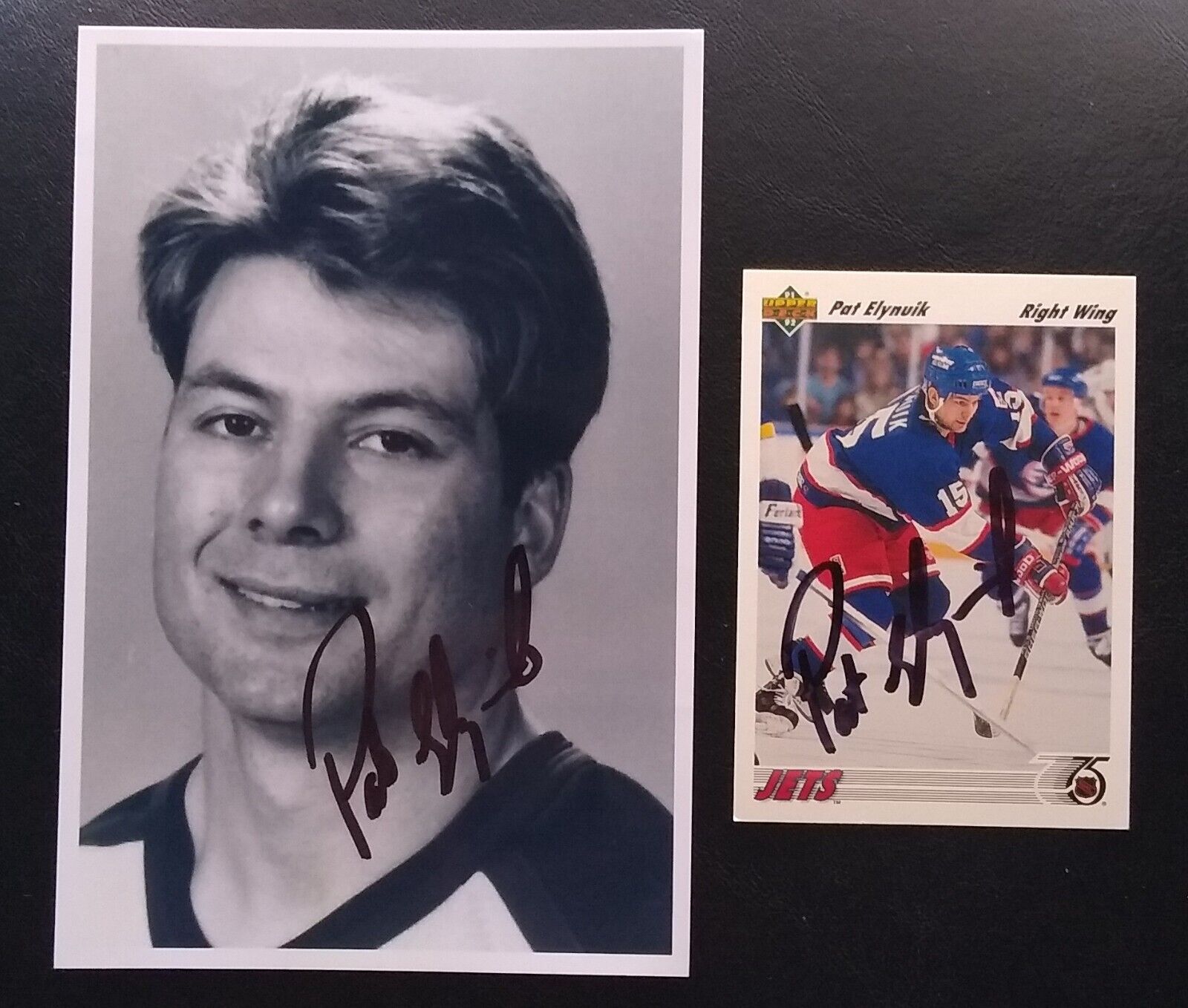 PAT ELYNUIK 4x6 Photo + 1991/92 UD Card Autographed Winnipeg Jets NHL