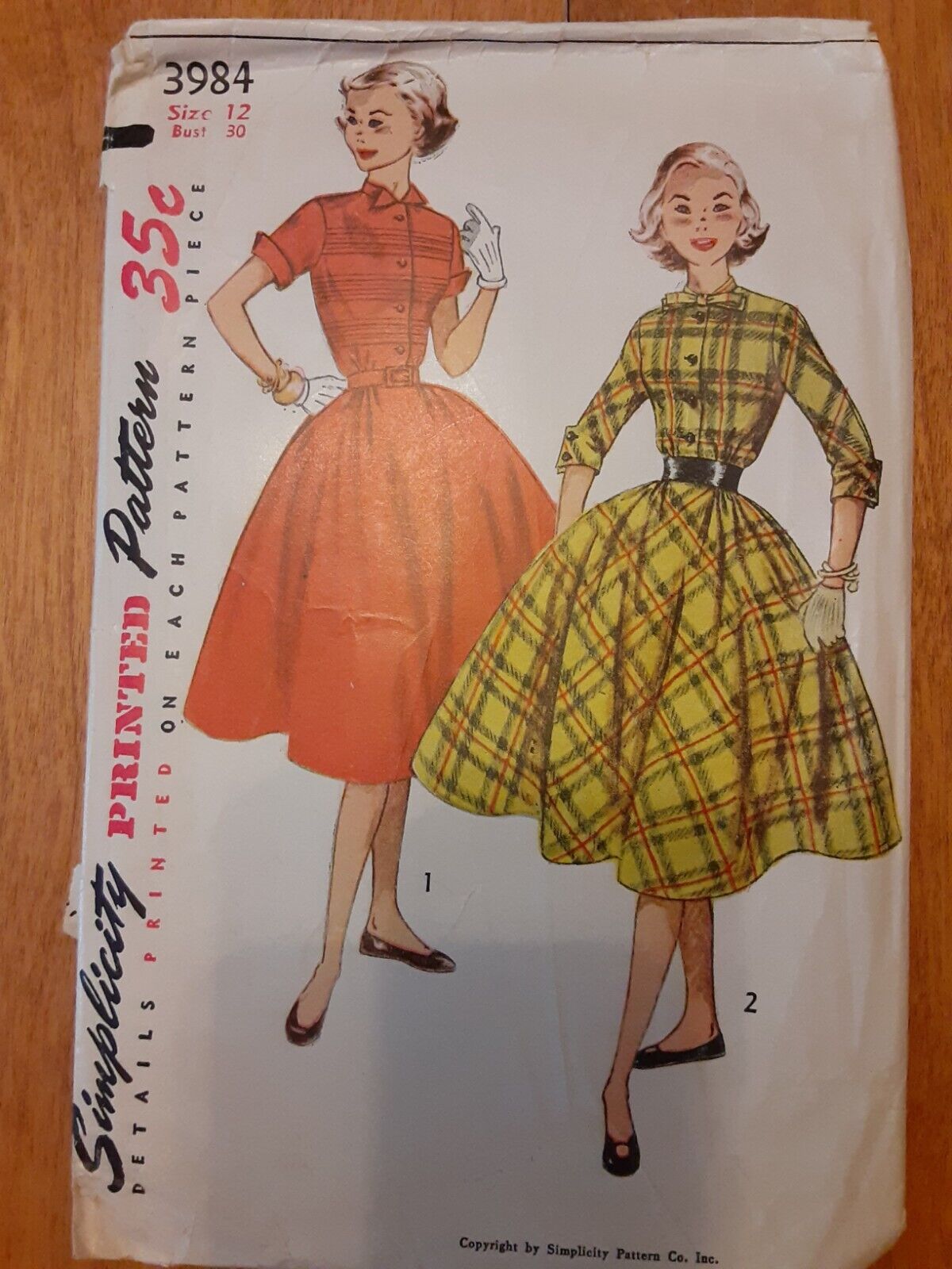 1952 Simplicity 3984 Miss Size 12 Bust 30 Teen Age Dress W/Front Button Closing,